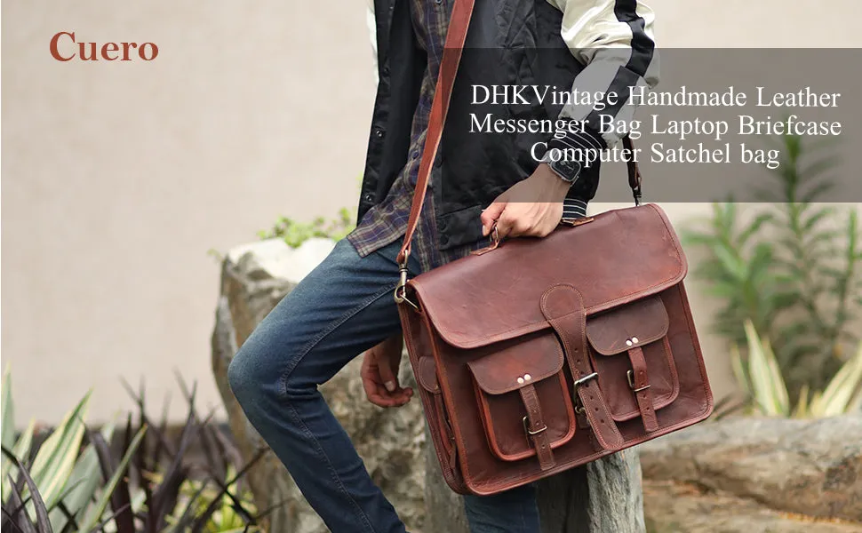 18 Inch Vintage Handmade Leather Travel Messenger Office Crossbody Bag Laptop Briefcase Computer College Satchel Bag For Men And Women (DARK BROWN)