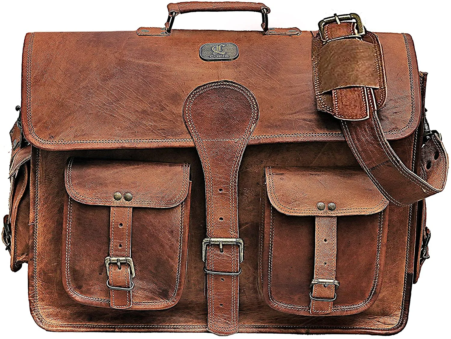 18 Inch Vintage Handmade Leather Travel Messenger Office Crossbody Bag Laptop Briefcase Computer College Satchel Bag For Men And Women (DARK BROWN)