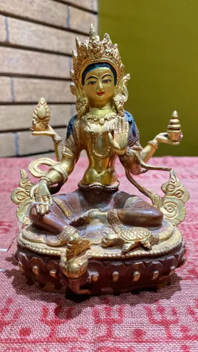 4-Arm Abhaya Mudra Tara w/Agni, Jewel, & Turtle Gold Plated Copper Lost-Wax Golden Thanka Paint Face Statue (M)