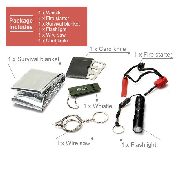 6 in 1 Survival Kit Gear Hiking Camping Set Fire Starter   Wire Saw   Card knife   Outdoor Whistle   Flashlight   Blank