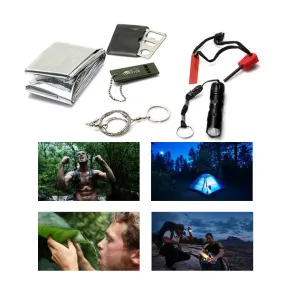 6 in 1 Survival Kit Gear Hiking Camping Set Fire Starter   Wire Saw   Card knife   Outdoor Whistle   Flashlight   Blank