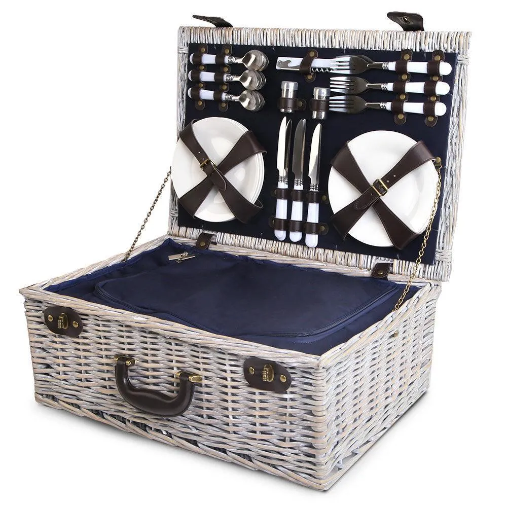 Alfresco 6-Person Picnic Basket Cooler Bag Wicker PU Fastening Straps Plates