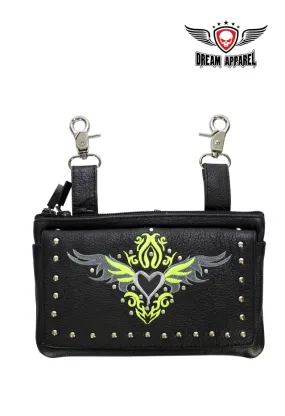 All Naked Cowhide Leather Belt Bag with Lime Green/Gray Heart and Studs