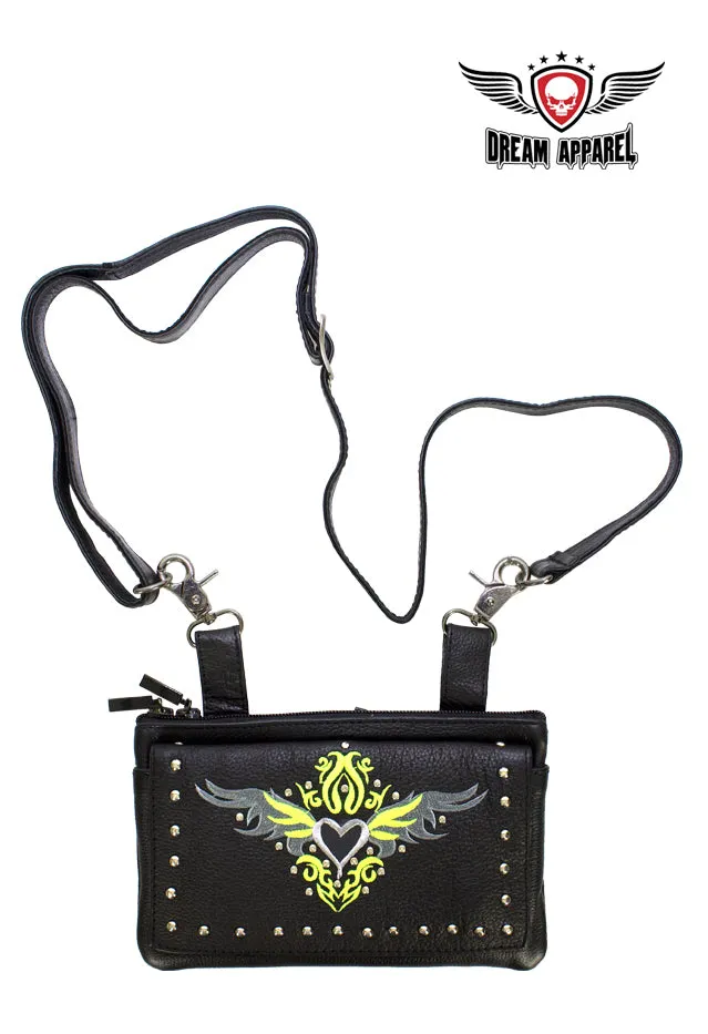 All Naked Cowhide Leather Belt Bag with Lime Green/Gray Heart and Studs