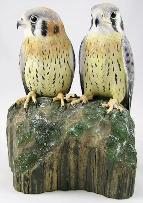 American Kestrel (2 Juvenile) - Hand Carved Wooden Bird