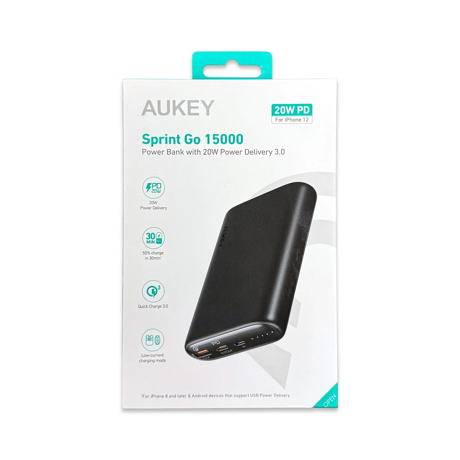 Aukey 15,000 MAH PD 20W USB-C Power Bank with USB-C TO USB-C Cable PB-Y39 - Black