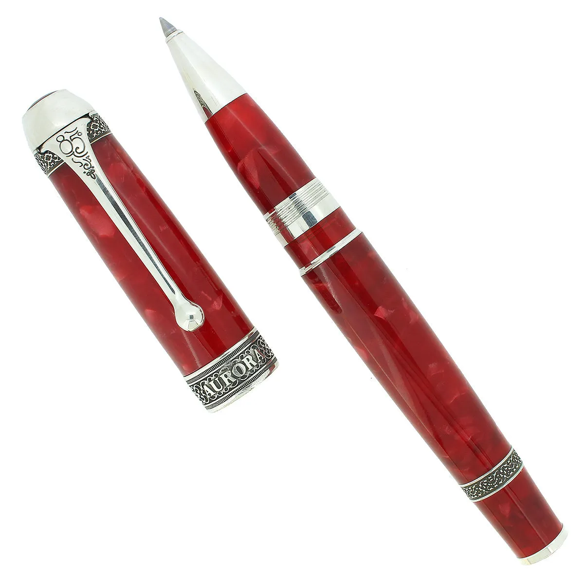 AURORA 85TH ANNIVERSARY LIMITED EDITION STERLING SILVER & RED MARBLED ROLLERBALL PEN