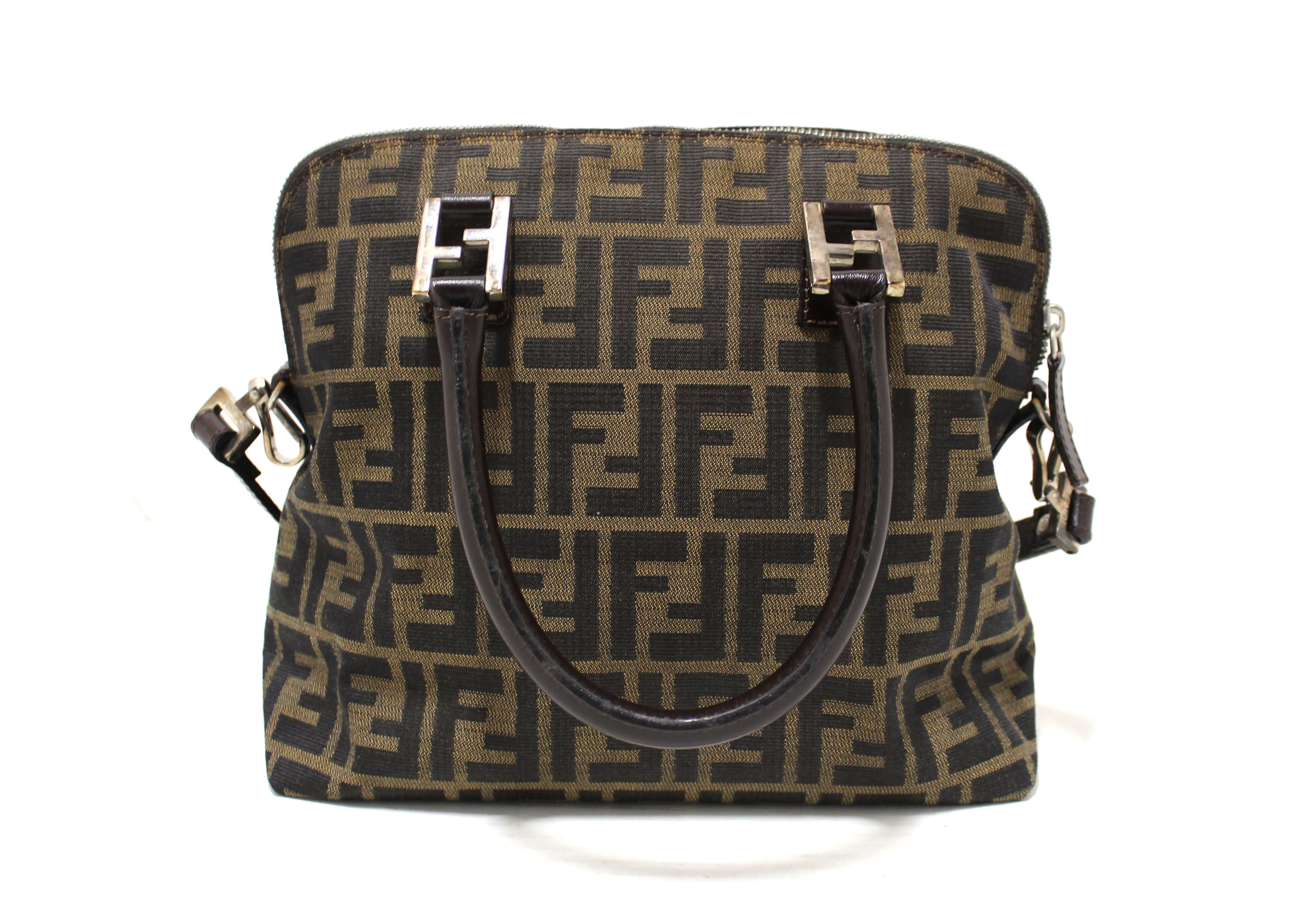 Authentic Fendi Tobacco Zucca Print Canvas Medium Dome Satchel Bag