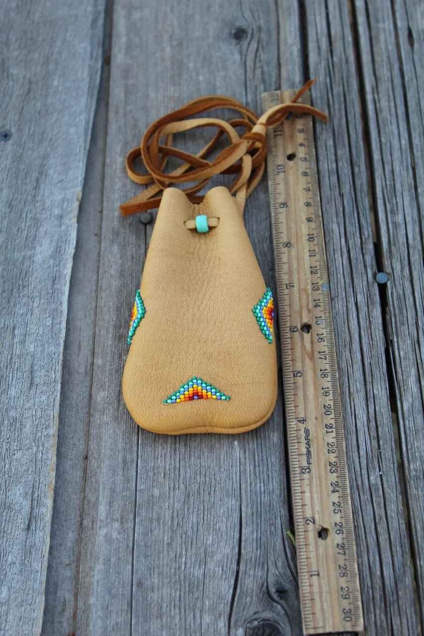 Beaded leather medicine bag, beaded leather pouch