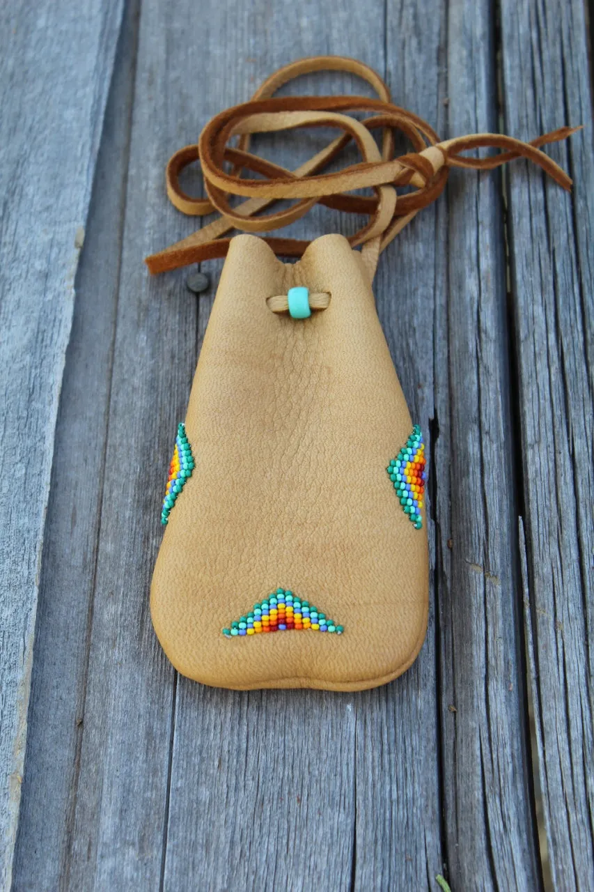 Beaded leather medicine bag, beaded leather pouch