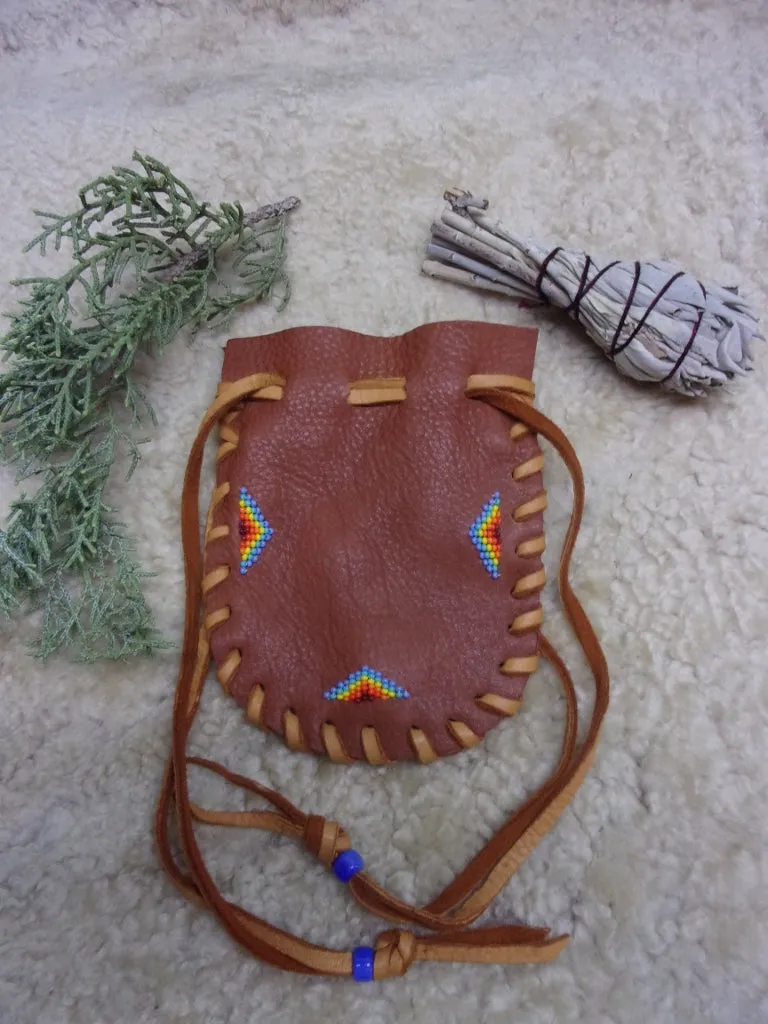 Beaded medicine bag, carved fetish bag, drawstring leather pouch, handmade amulet bag