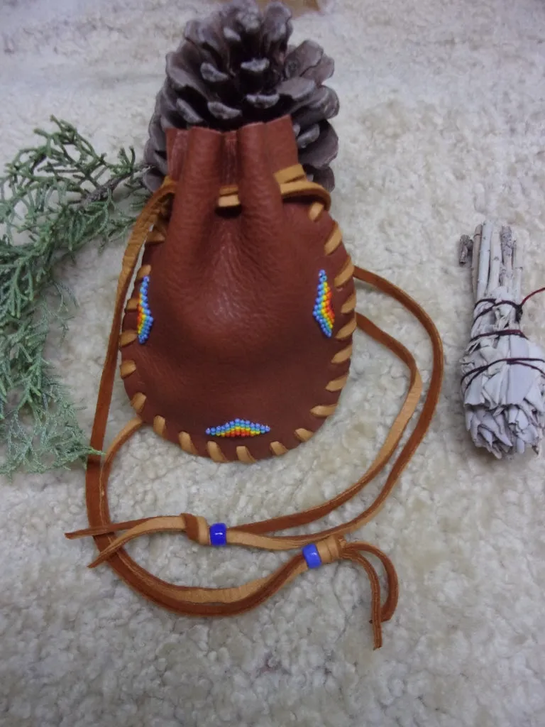 Beaded medicine bag, carved fetish bag, drawstring leather pouch, handmade amulet bag