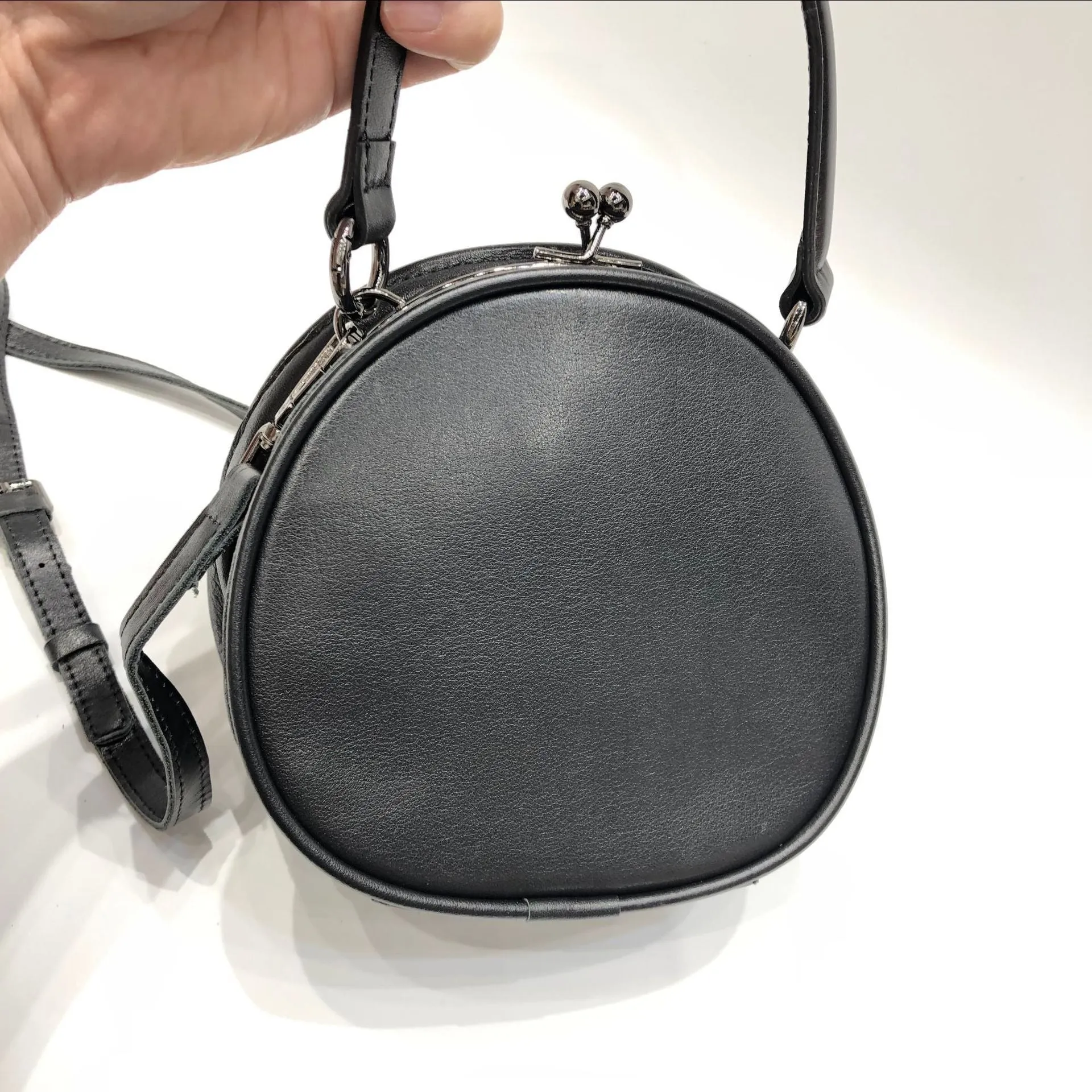 Black Round Leather Bag for Women Leather Petite Round Crossbody Shoulder Bag for Women