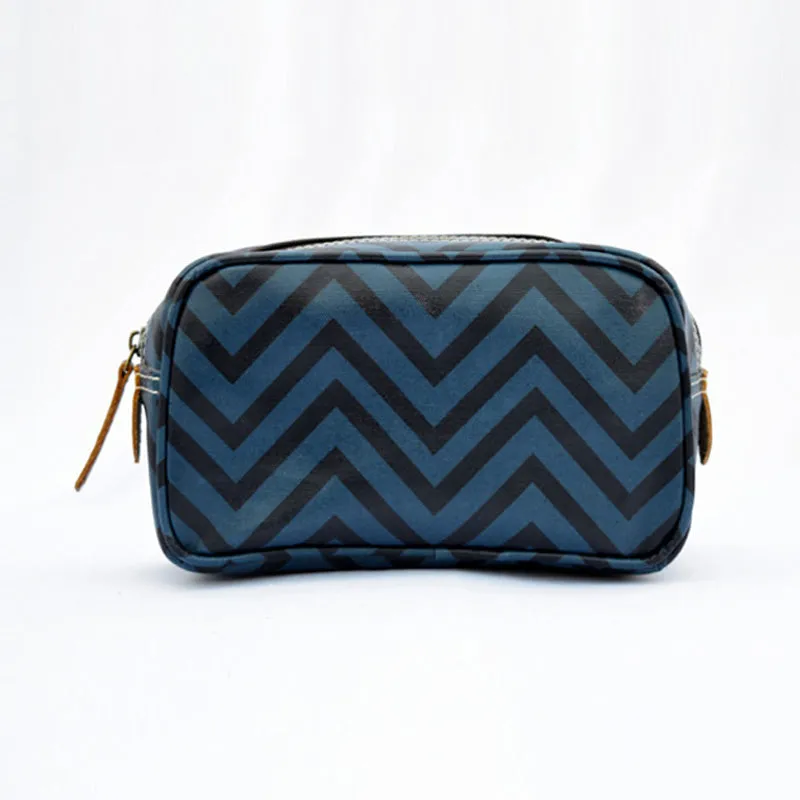 Blue toiletry handbag, chevron print, laminated bag, make up or cosmetic bag, utility pouch