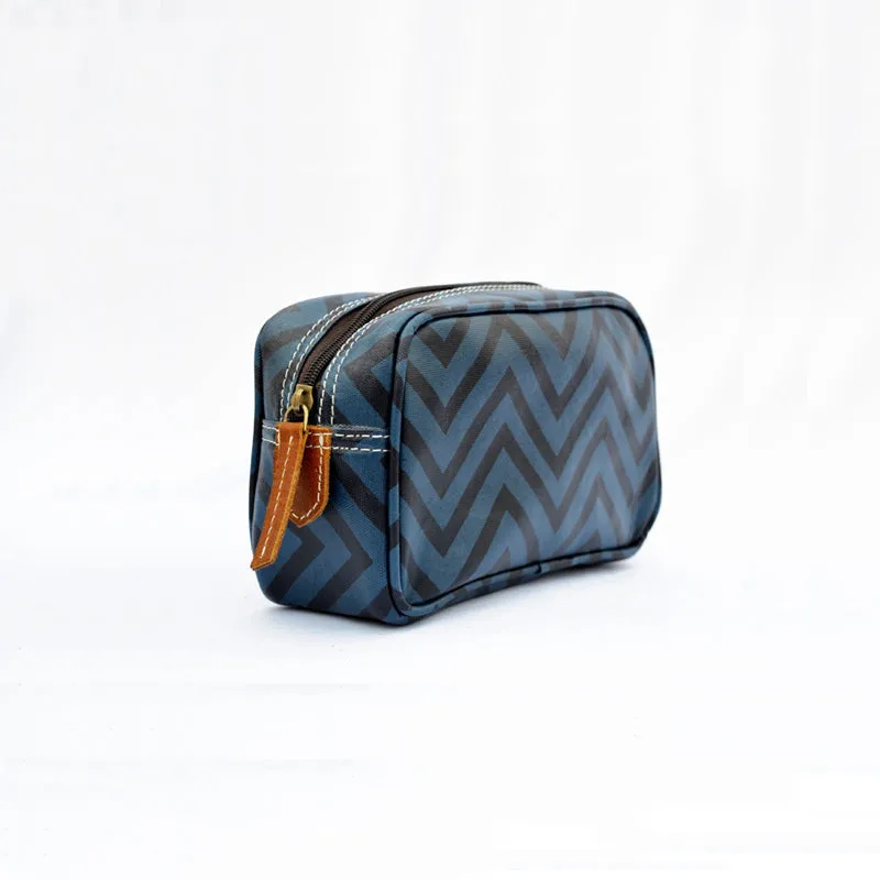 Blue toiletry handbag, chevron print, laminated bag, make up or cosmetic bag, utility pouch