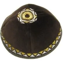 Brown Velvet Kippah / Yarmulke With Silver / Gold Embroidery