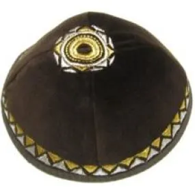 Brown Velvet Kippah / Yarmulke With Silver / Gold Embroidery