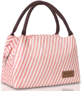 Buringer Reusable Insulated Lunch Bag Cooler Tote Box Meal Prep for Men & Women Work Picnic or Travel （Pink Stripes）