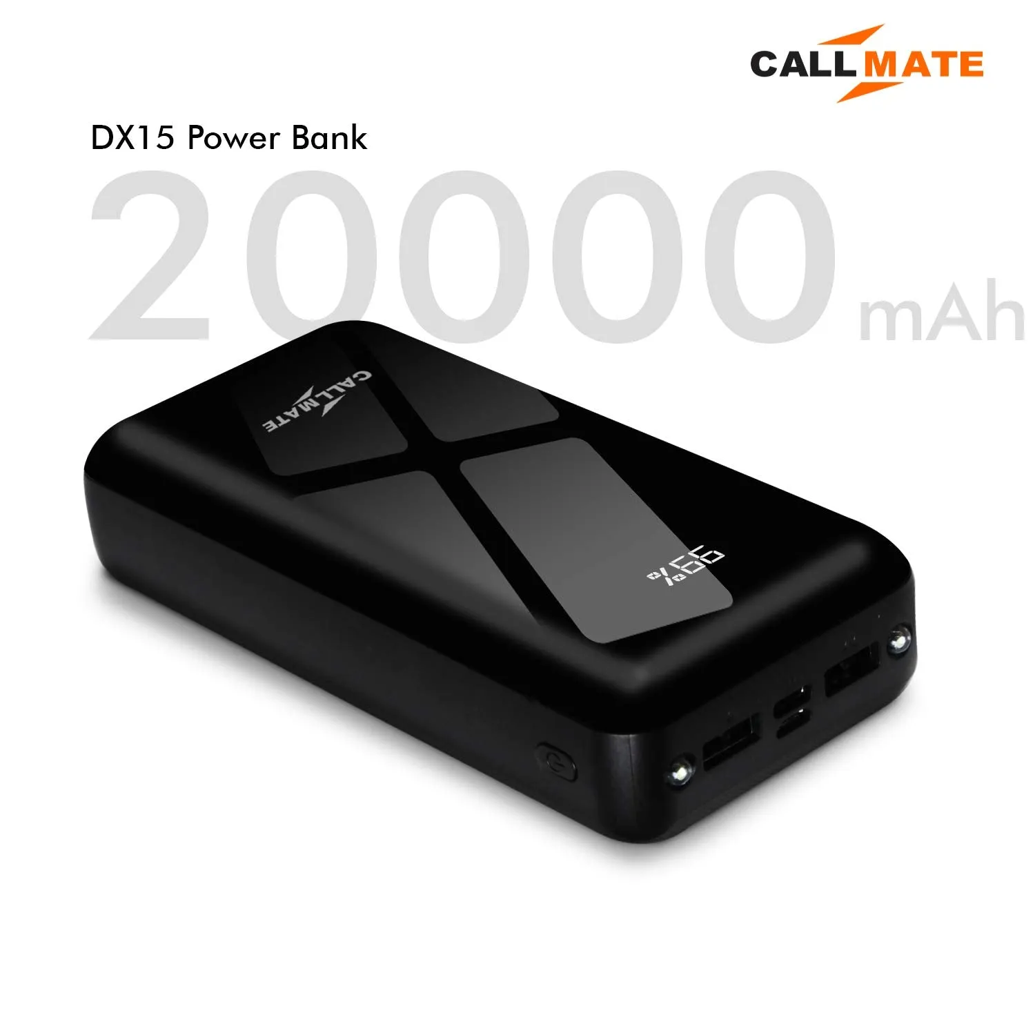 Call Mate 20000 mAh Lithium Polymer Digital Display Power Bank with in-Built 4 in 1 Cable USB Input Port DX15 with 18 Watt Fast Charging, Black