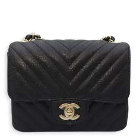 Chevron Square Mini Black Crossbody Bag in Caviar Leather, Gold hardware