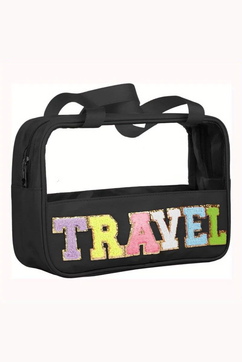 Clear TRAVEL Chenille Letters Makeup Bag