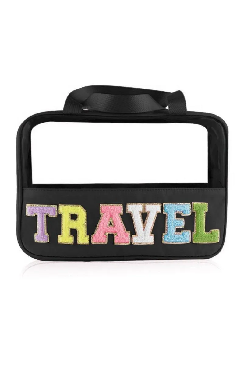 Clear TRAVEL Chenille Letters Makeup Bag