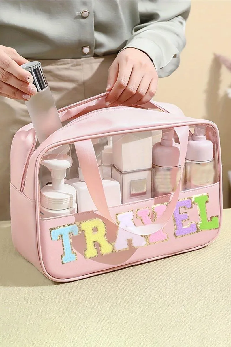 Clear TRAVEL Chenille Letters Makeup Bag