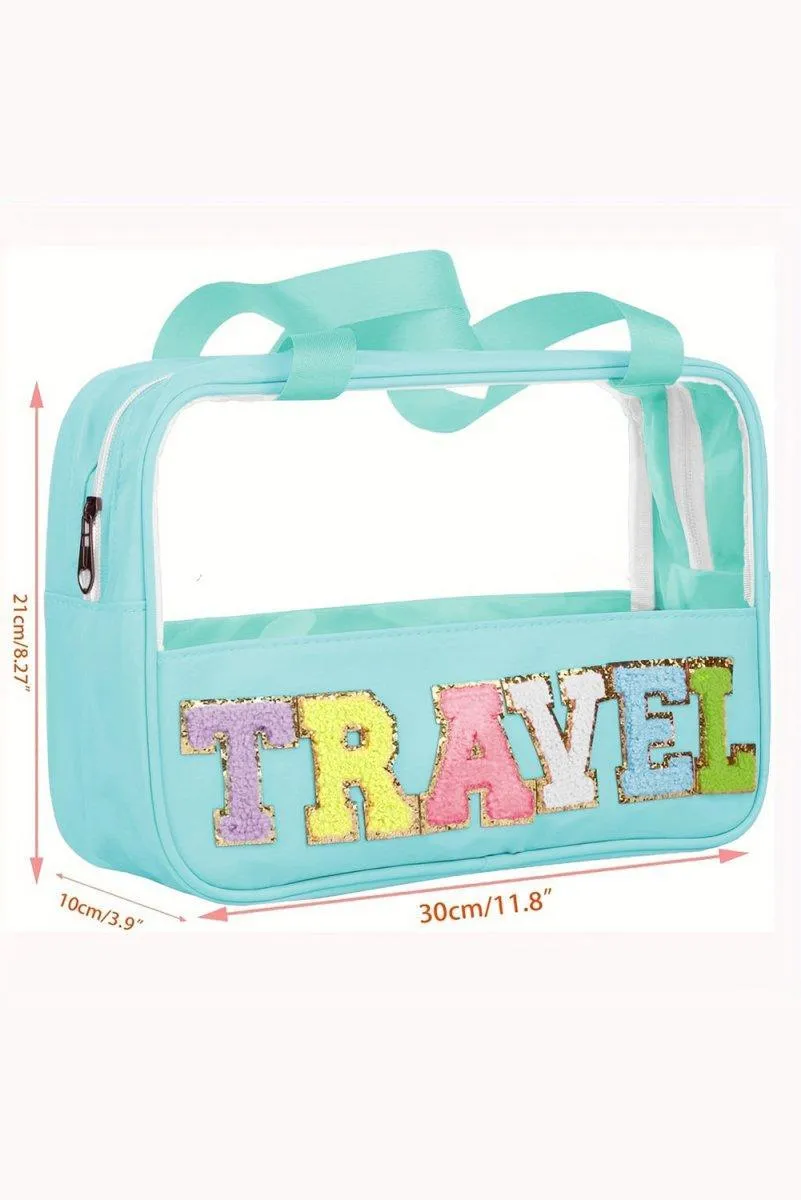 Clear TRAVEL Chenille Letters Makeup Bag