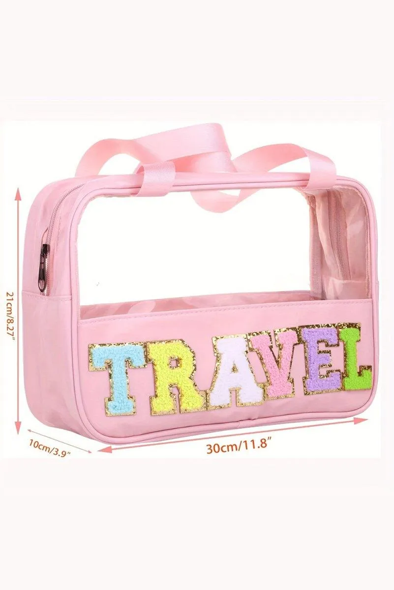 Clear TRAVEL Chenille Letters Makeup Bag