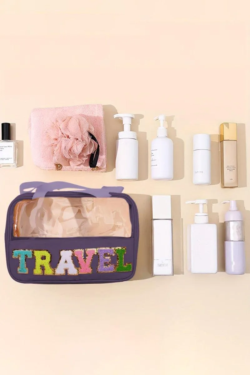 Clear TRAVEL Chenille Letters Makeup Bag