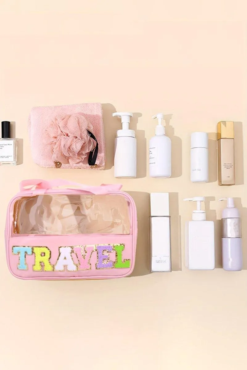 Clear TRAVEL Chenille Letters Makeup Bag