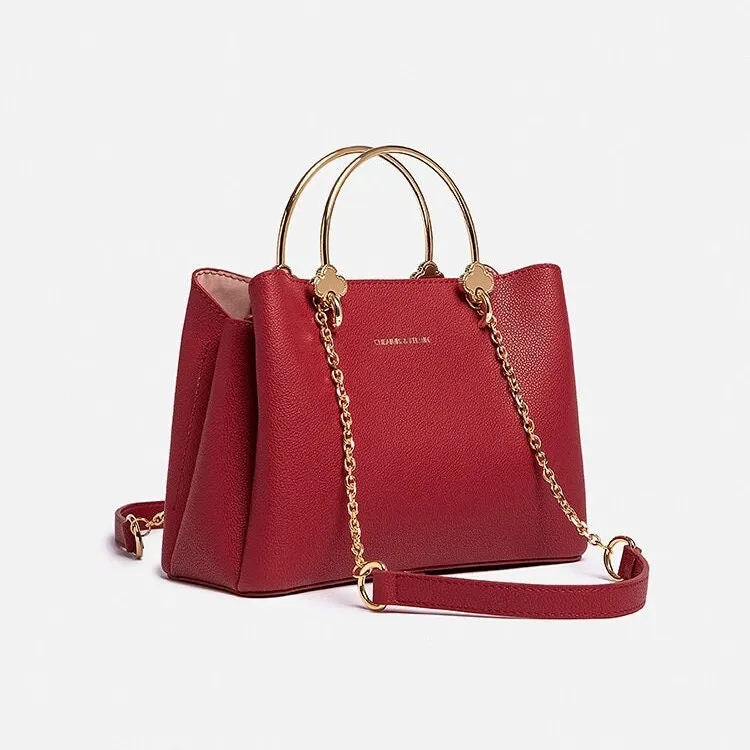 Cute Red & Gold Solid Color Minimalist Luxury Genuine Leather Metallic Gold Handle Handbag for Women, Shoulder Bag