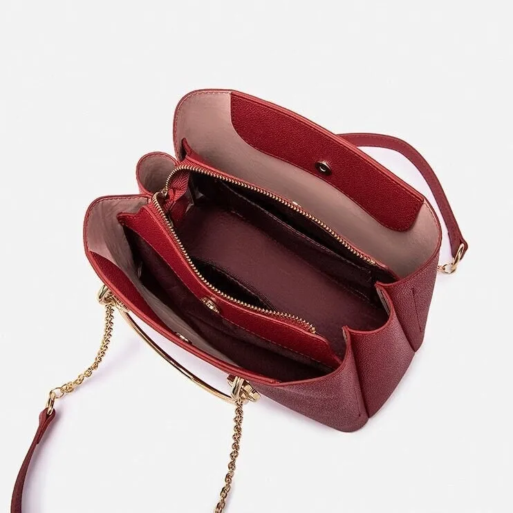 Cute Red & Gold Solid Color Minimalist Luxury Genuine Leather Metallic Gold Handle Handbag for Women, Shoulder Bag