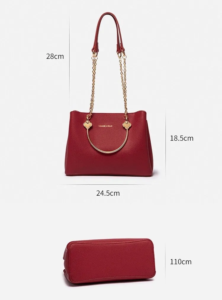 Cute Red & Gold Solid Color Minimalist Luxury Genuine Leather Metallic Gold Handle Handbag for Women, Shoulder Bag