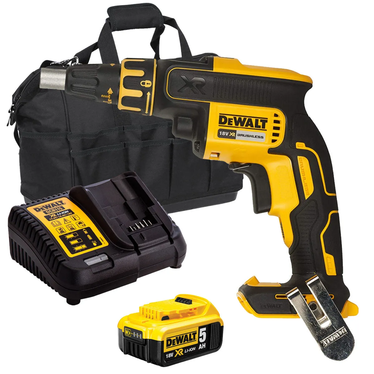 Dewalt DCF620N 18V Brushless Drywall Screwdriver with 1 x 5.0Ah Battery Charger & Bag