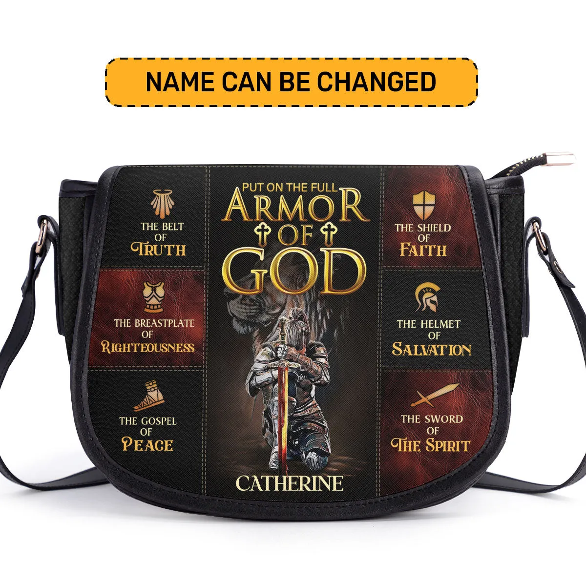 Female Warrior Lion Bag - Armor Of God Personalized Leather Saddle Bag - Christian Women's Handbags