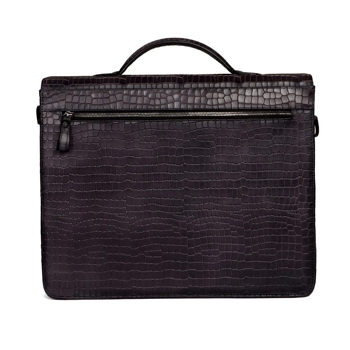 Flap Opening Secured Lock Grey Deep Cut Croco Textured Leather Office/Laptop Briefcase with Organizer Compartment by Brune & Bareskin