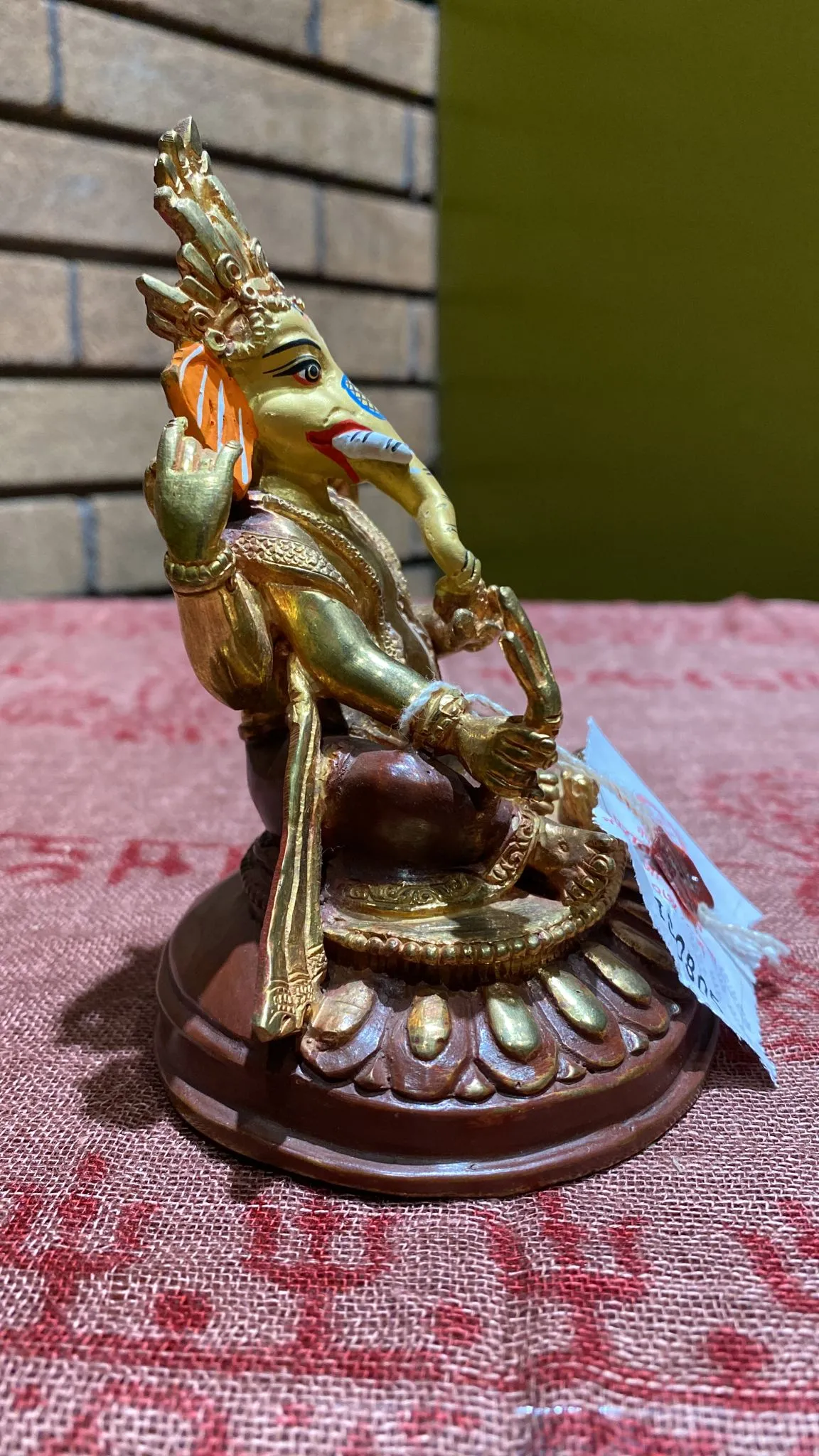 Ganesh Gold-Plated Copper Lost-Wax Golden Thanka Paint Face Statue (M)