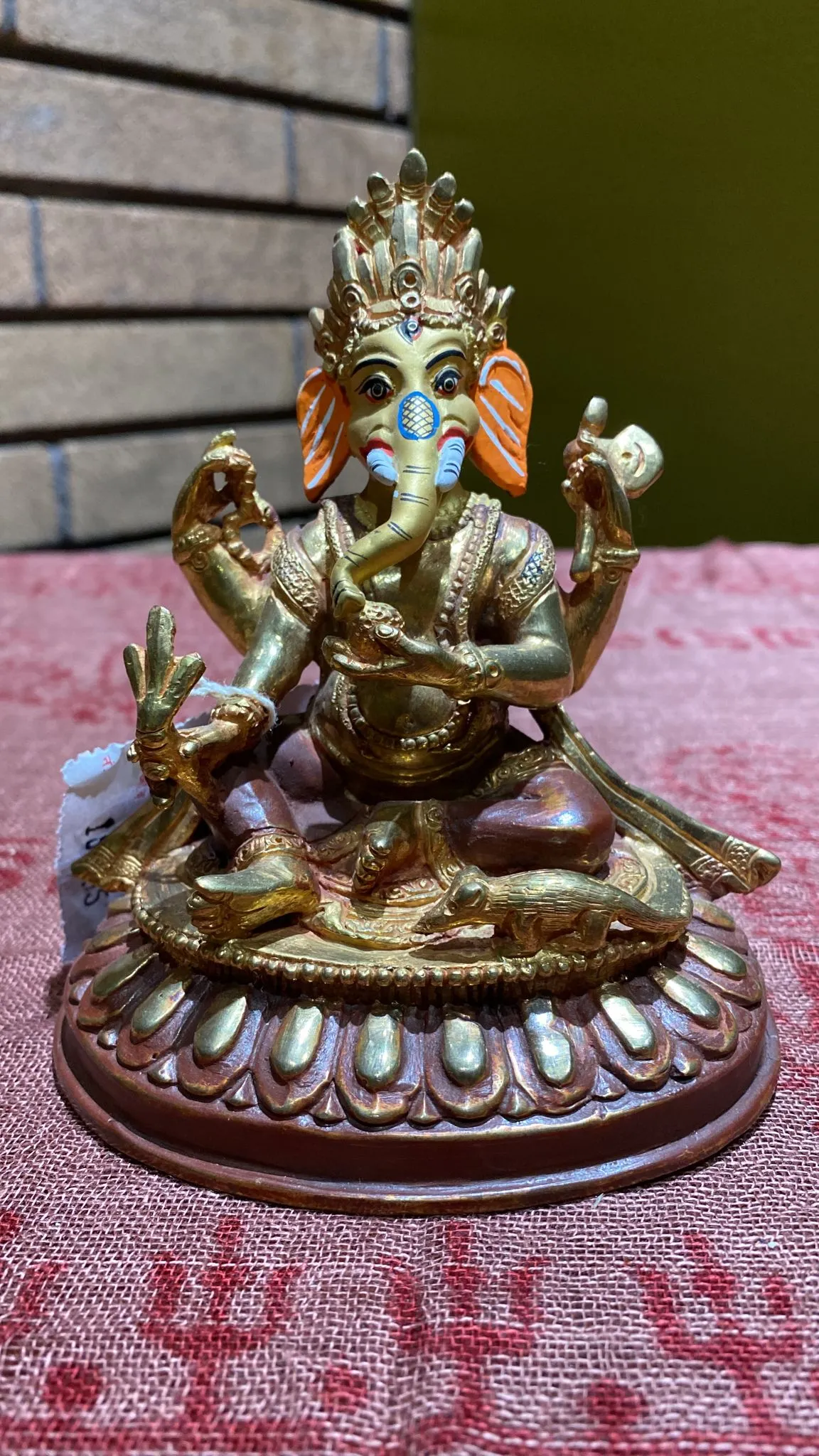 Ganesh Gold-Plated Copper Lost-Wax Golden Thanka Paint Face Statue (M)