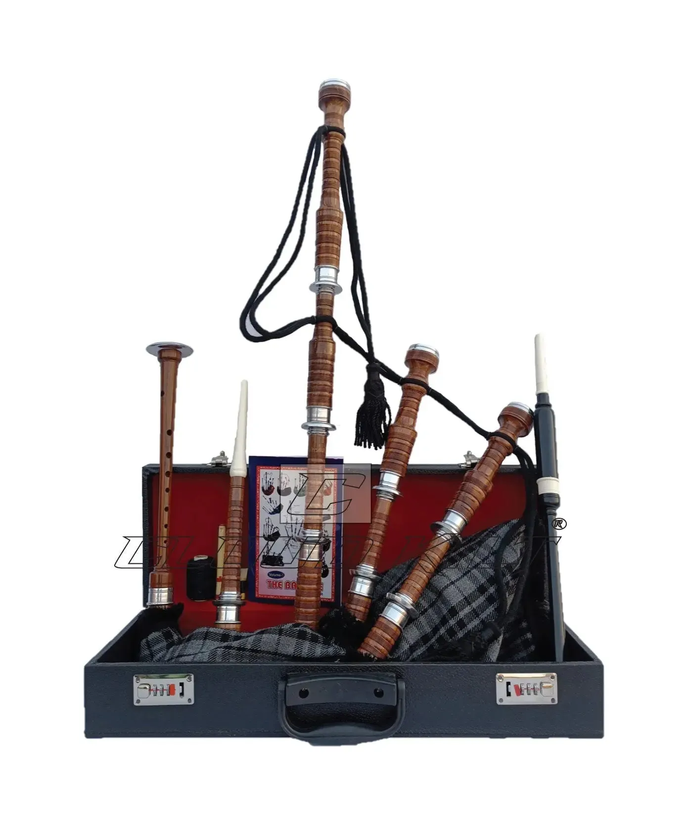 Gray Watch Tartan Bagpipe Set Brown & Silver Finish With Hard Case