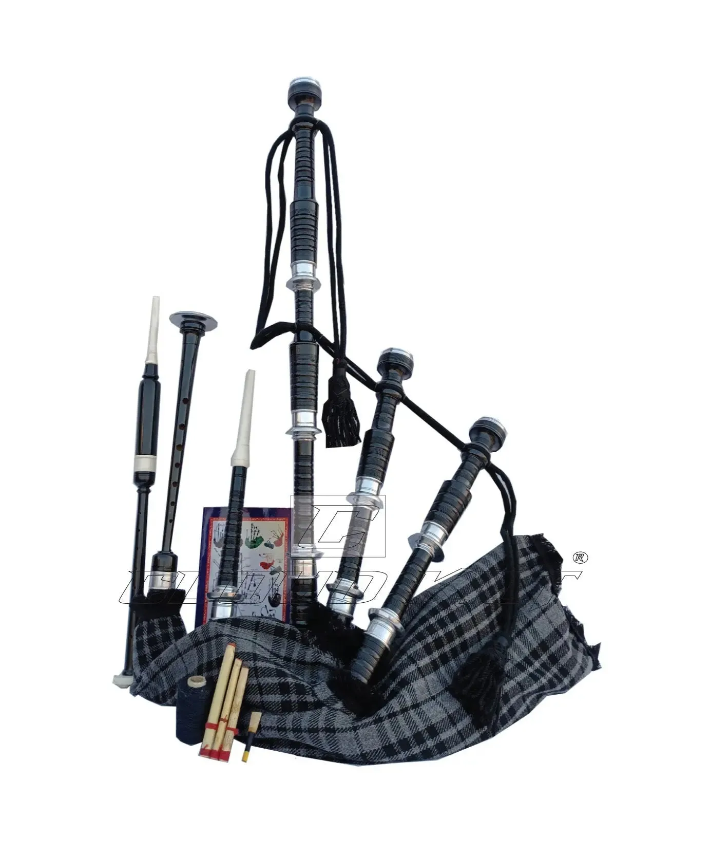 Gray Watch Tartan Black With Silver Finish Bagpipe Set With Hard Case