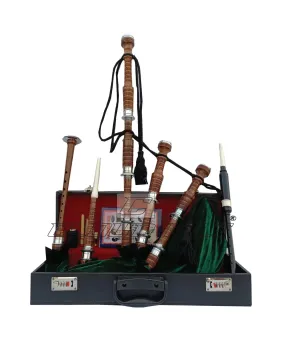 Green Velvet Bagpipe Set Brown & Silver Finish With Hard Case