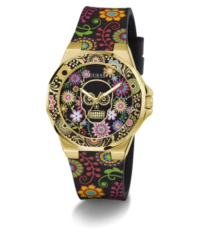 GUESS Ladies Day of the Dead Black Gold Tone Analog Watch