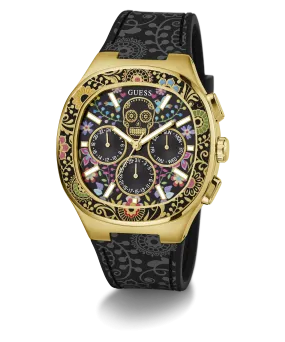 GUESS Mens Day of the Dead Black Gold Tone Multi-function Watch