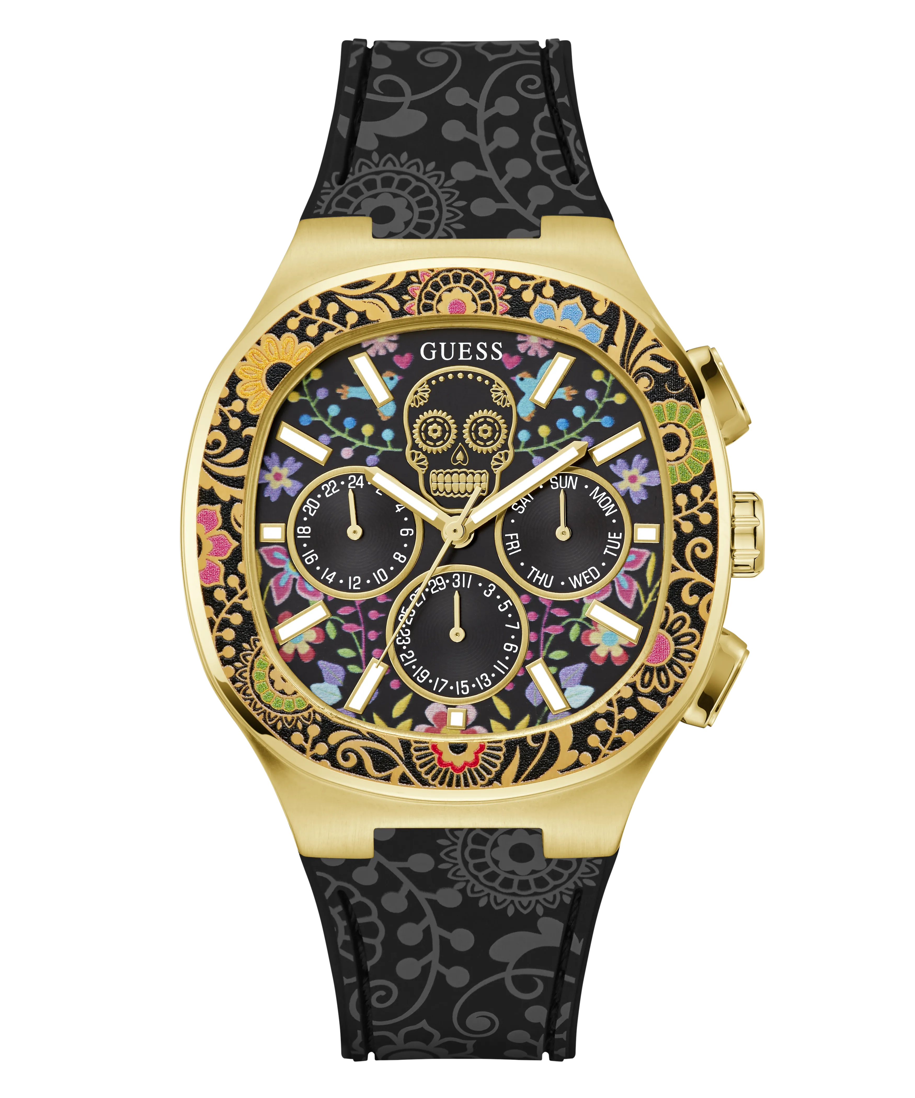 GUESS Mens Day of the Dead Black Gold Tone Multi-function Watch