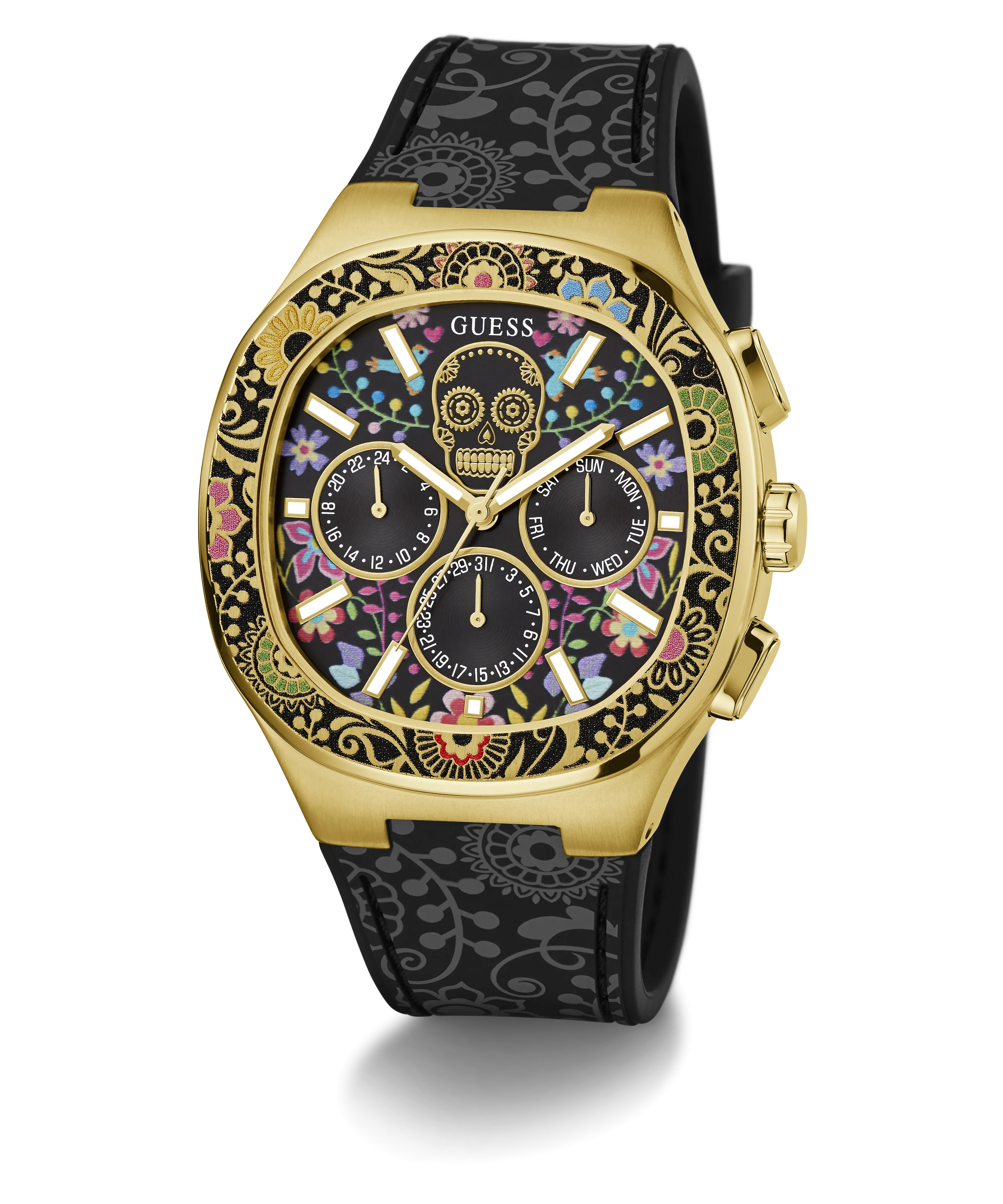 GUESS Mens Day of the Dead Black Gold Tone Multi-function Watch