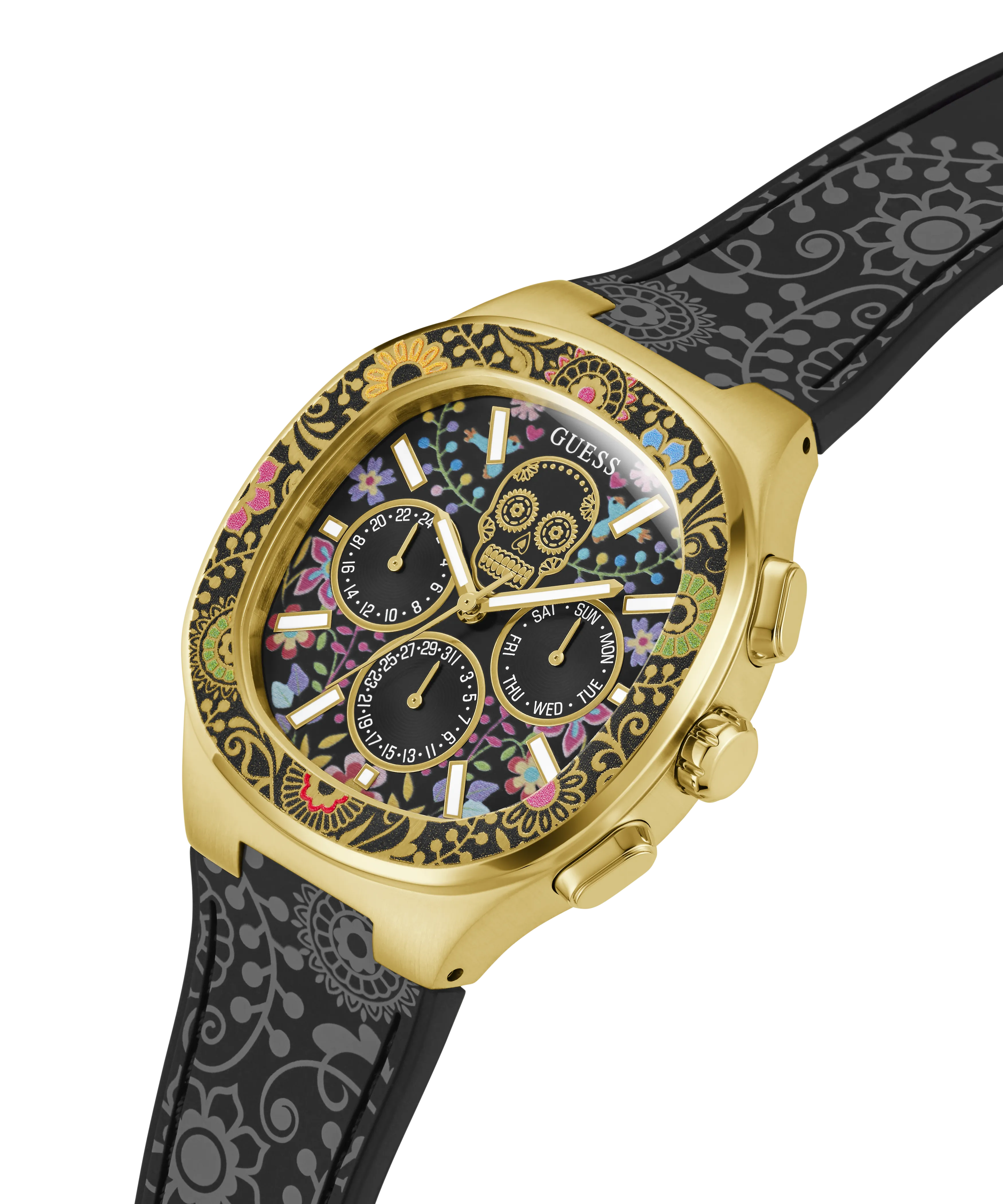 GUESS Mens Day of the Dead Black Gold Tone Multi-function Watch