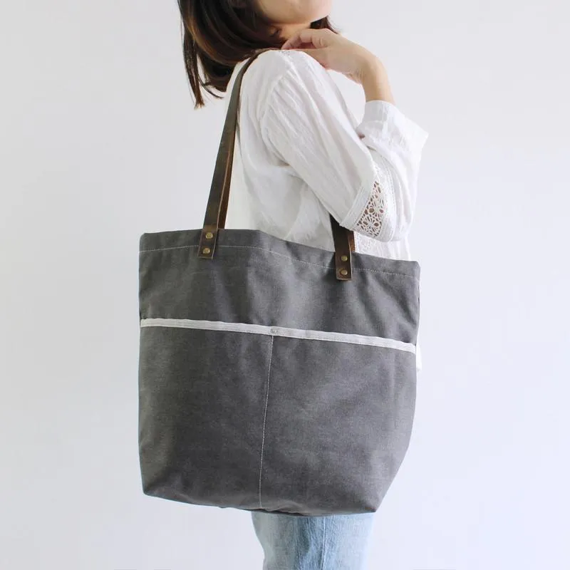 Handbag Canvas with Leather Tote Bag Shoulder Bag School Bag