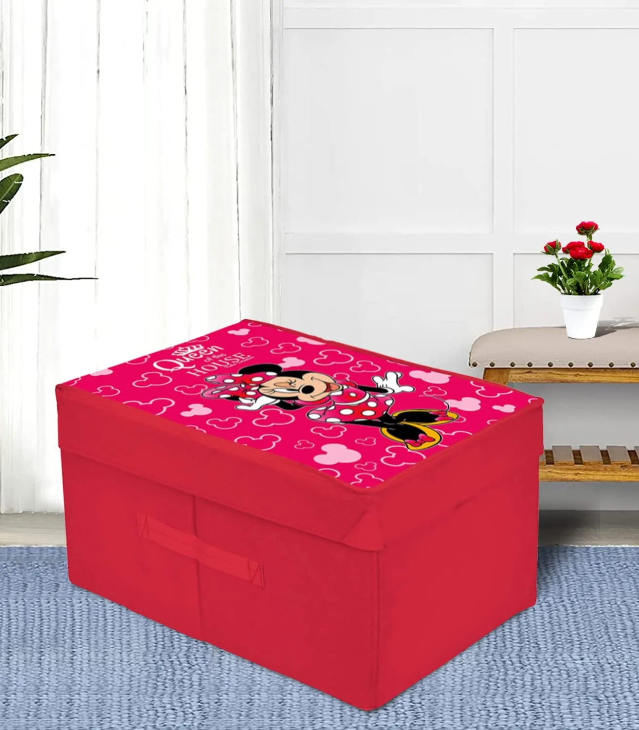 Heart Home Disney Minnie Printed Flodable Storage Box/Organizer For Toys, Cloths And Books With Lid & Handle (Pink)-HS43HEARTH26579