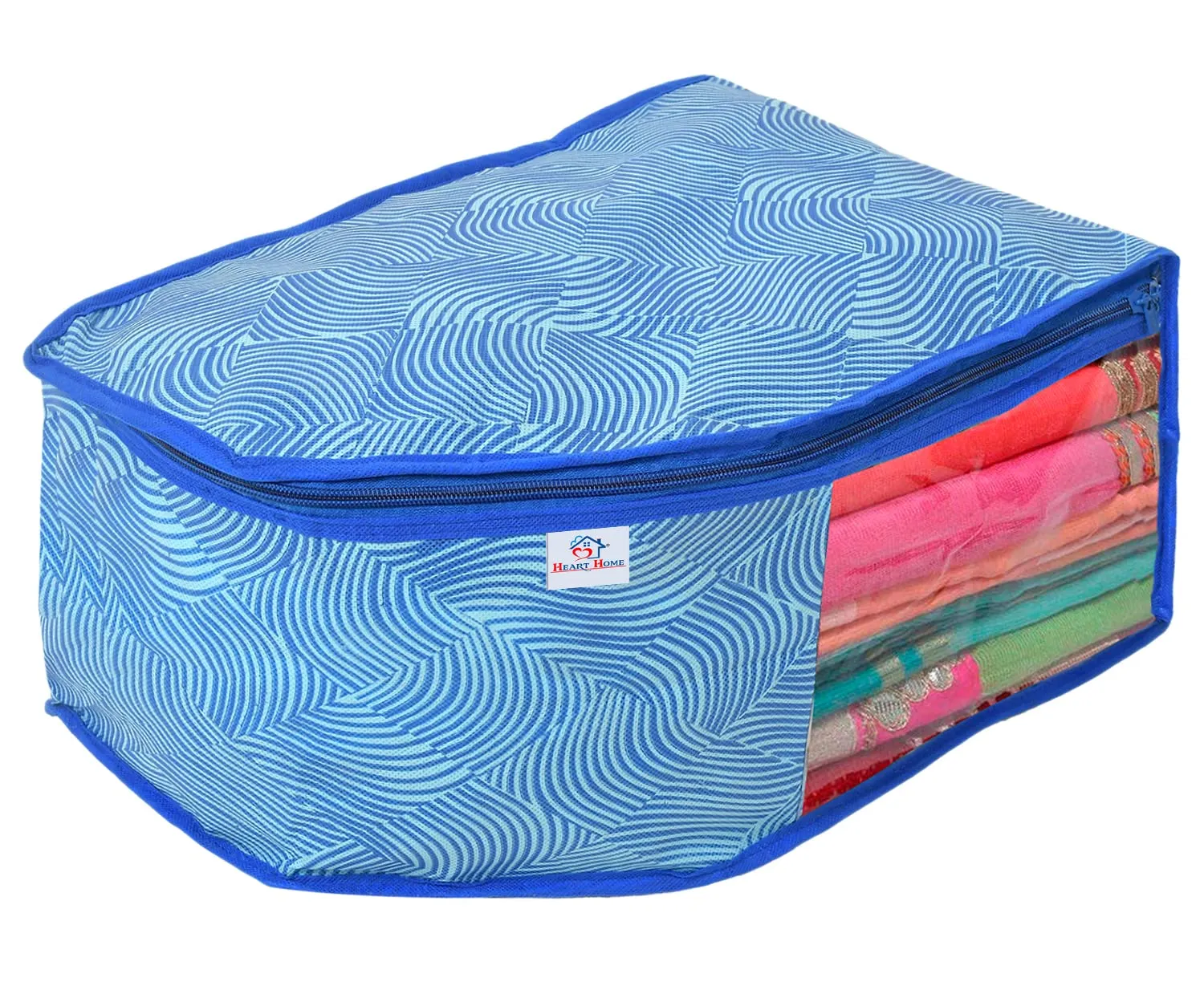 Heart Home Lahariya Design Non-woven 3 Saree & 3 Blouse Cover/Organizer Set With Transparent Window- Pack of 6 (Blue) -44HH0578